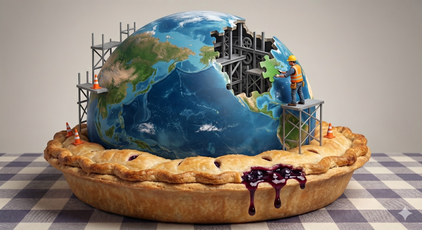 A photoreal Earth embedded in a construction pie